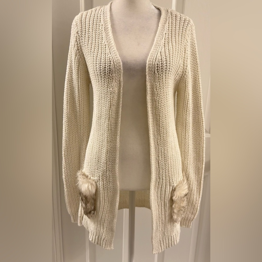 Tahari Sweater Girls Ivory Open Front Faux Fur Pockets Snowflake Charm L (14y)